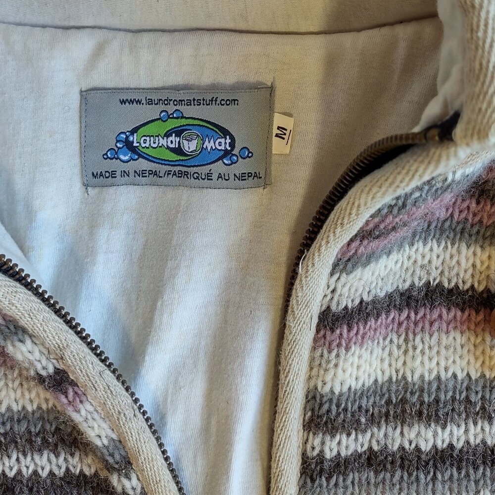 Laundromat Nepal 100% Wool Striped Hooded Sweater Jacket Full Zip Women Medium - Picture 9 of 12